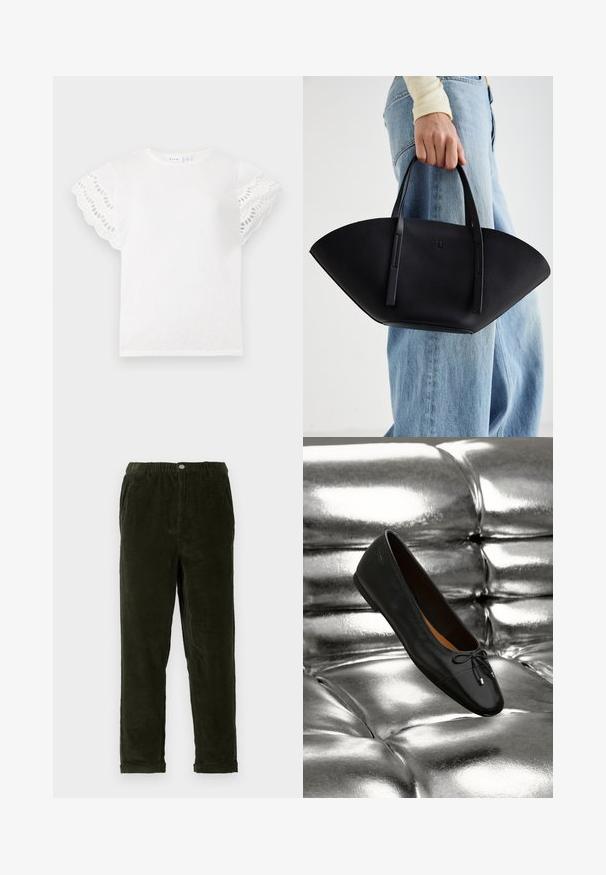 T-shirt blanc à manches courtes et festonnées avec découpes en œillets. Tissu doux, col rond et design simple sans embellissements supplémentaires.; Pantalons en velours côtelé vert foncé avec une finition texturée, dotés d'une taille élastique, de poches avant et de jambes fuselées.; Vagabond JOLIN - Ballerines - black; Sac à main en cuir noir avec une forme de éventail unique, doté de poignées plates. La surface présente une texture granuleuse et un design minimaliste.