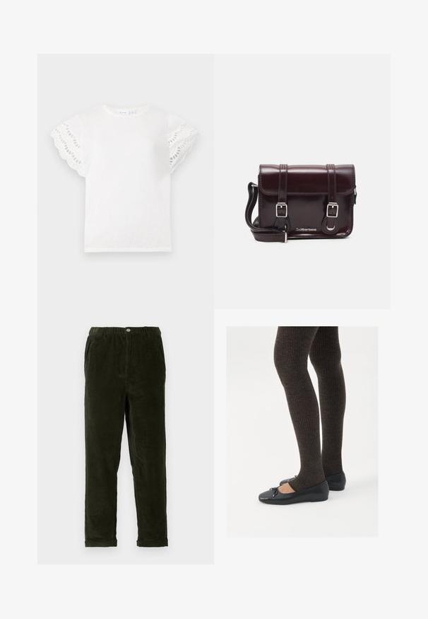 T-shirt bianco con maniche corte a scallop che presentano ritagli ad occhio. Tessuto morbido, colletto rotondo e design semplice senza ulteriori decorazioni.; Pantaloni in velluto a coste verde scuro con una finitura testurizzata, dotati di una vita elastica, tasche frontali e gambe affusolate.; Scarpe nere a flat con un piccolo fiocco sulla punta, abbinate a collant a coste marrone scuro. Le scarpe hanno una texture liscia e un profilo basso.; Borsa a tracolla in pelle verniciata bordeaux con forma rettangolare, due manici, accessori in argento e chiusura a patta.