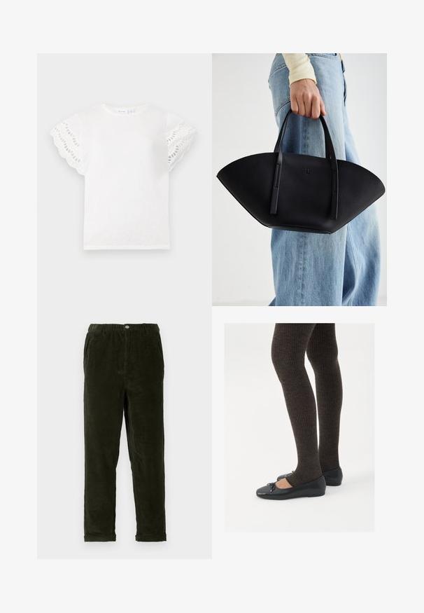 T-shirt blanc à manches courtes et festonnées avec découpes en œillets. Tissu doux, col rond et design simple sans embellissements supplémentaires.; Pantalons en velours côtelé vert foncé avec une finition texturée, dotés d'une taille élastique, de poches avant et de jambes fuselées.; Chaussures plates noires avec un petit nœud au niveau des orteils, associées à des collants côtelés marron foncé. Les chaussures ont une texture lisse et un profil bas.; Sac à main en cuir noir avec une forme de éventail unique, doté de poignées plates. La surface présente une texture granuleuse et un design minimaliste.