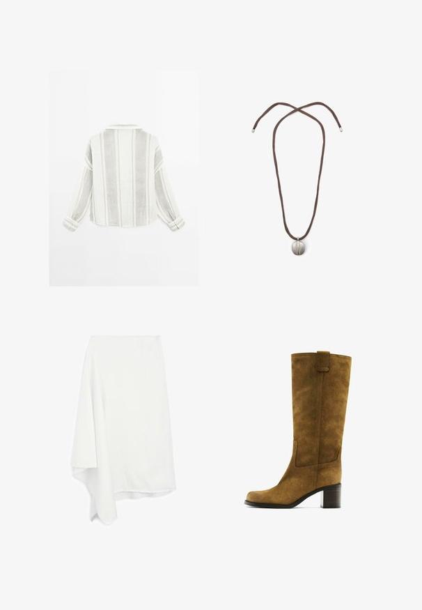 Langarmhemd in Hellgrau und Weiß, mit vertikalen Streifen, einem Kragen und geknöpften Manschetten. Hergestellt aus einem strukturierten, leichten Stoff.; Asymmetrischer weißer Rock aus weichem, leichtem Material; ausgefranster Saum; glatte Textur; fällt auf einer Seite elegant.; Braune Wildlederstiefel bis zum Knie mit quadratischer Zehenform und Blockabsatz. Verfügt über ein Seitenpanel und eine Zuglasche am oberen Ende für einfaches An- und Ausziehen.; Halskette mit einem braunen Band und einem silbernen ovalen Anhänger. Der Anhänger hat eine glatte Oberfläche und eine leichte Vertiefung in der Mitte.