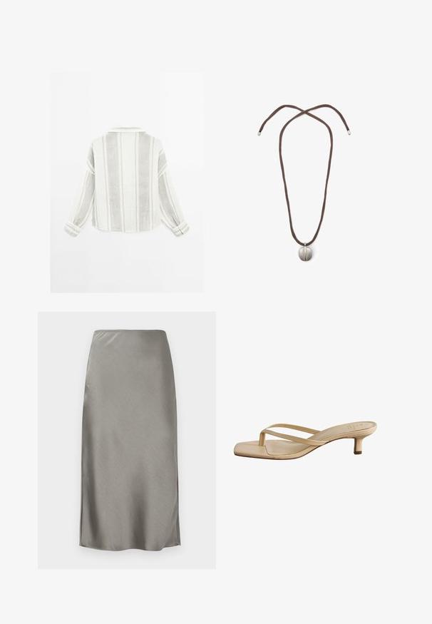 Camicia a maniche lunghe di colore grigio chiaro e bianco, con righe verticali, colletto e polsini con bottoni. Realizzata in un tessuto leggero e textured.; Gonna midi in raso grigio con una texture liscia e elegante. Leggeri spacchi laterali che migliorano il movimento. Design minimalista, vita attillata e silhouette dritta.; Sandali beige con tacco a blocco e punta quadrata. Realizzati in materiale liscio, presentano cinturini sottili e un tacco basso.; Collana con cordino marrone e pendente ovale in argento. Il pendente ha una superficie liscia e una leggera indentazione al centro.