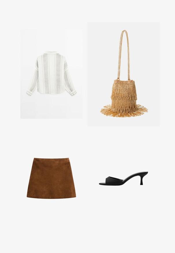 Langarmhemd in Hellgrau und Weiß, mit vertikalen Streifen, einem Kragen und geknöpften Manschetten. Hergestellt aus einem strukturierten, leichten Stoff.; Brauner Wildleder-Minirock mit glatter Textur, A-Linien-Form und sauberem Saum. Keine sichtbaren Beschläge oder Muster. Einfaches und elegantes Design.; Schwarze Absatzmules mit einer breiten, offenen Zehenpartie und einem geschwungenen Oberteil. Hergestellt aus strukturiertem Stoff, mit einem schlanken Absatz und einer glatten Sohle.; Goldene Perlenhandtasche mit einem fransigen Design; verfügt über einen Kettenriemen und geschichtete, strukturierte Verzierungen, die von der Basis ausgehen.