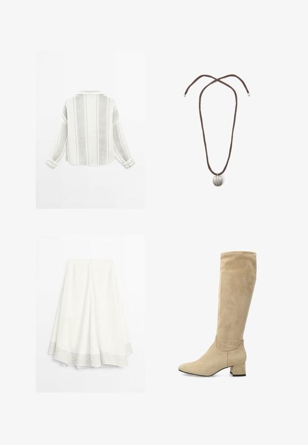 Long-sleeve shirt in light gray and white, featuring vertical stripes, a collar, and buttoned cuffs. Made from a textured, lightweight fabric.; White midi skirt with a flared hem featuring thin horizontal black stripes, and a zipper closure at the back.; Knee-high beige suede boots with a pointed toe and a chunky block heel. Smooth texture with minimal stitching details.; Necklace with a brown cord and a silver oval pendant. The pendant has a smooth surface and a slight indentation in the center.