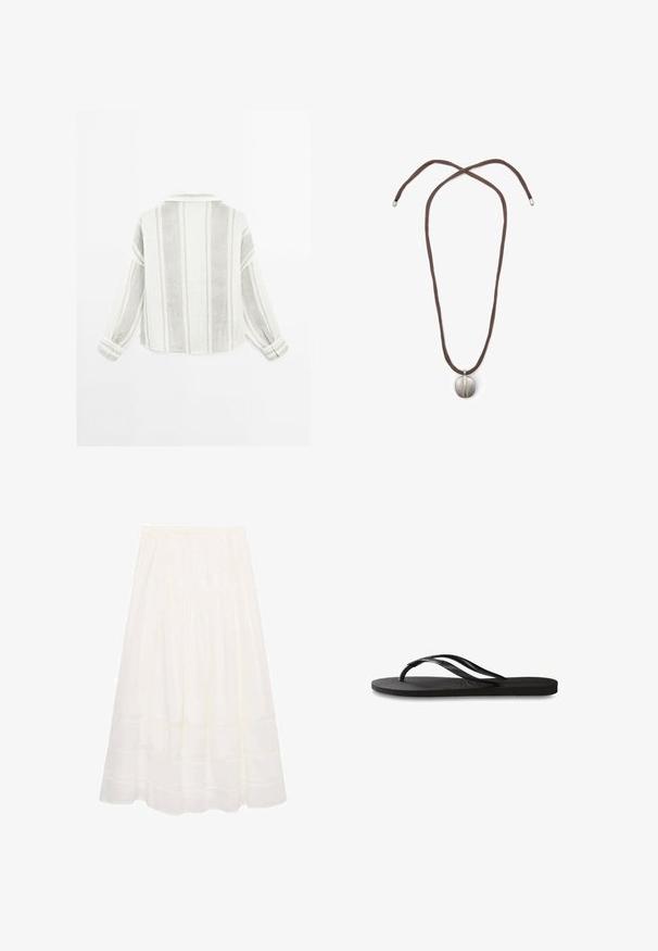 Dlouhý rukáv košile ve světle šedé a bílé barvě, s vertikálními pruhy, límečkem a knoflíkovými manžetami. Vyrobena z texturované, lehké tkaniny.; Bílá midi sukně vyrobená z lehké tkaniny s nařaseným pasem, která má jemné horizontální švy a vzdušný střih.; Černé žabky s texturovanou gumovou podrážkou, dvěma štíhlými popruhy a jemným, embosovaným logem na popruhu.; Náhrdelník s hnědou šňůrou a stříbrným oválným přívěskem. Přívěsek má hladký povrch a mírné prohloubení ve středu.