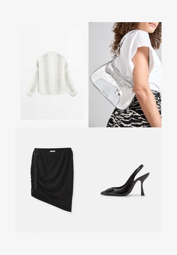 Långärmad skjorta i ljusgrå och vit, med vertikala ränder, krage och knäppte ärmslut. Tillverkad av ett texturerat, lätt tyg.; Svart draperad kjol i mjukt material, med asymmetrisk fåll och en sidrem med metallringdetalj.; Svart lädersandal med spetsig tå, smal hög klack och en dekorativ rosettdetalj. Slät yta och elegant design.; Silver metallisk axelväska med en slät yta, böjd design, kedjesnodd och en polerad framsida med en subtil loggogravering.