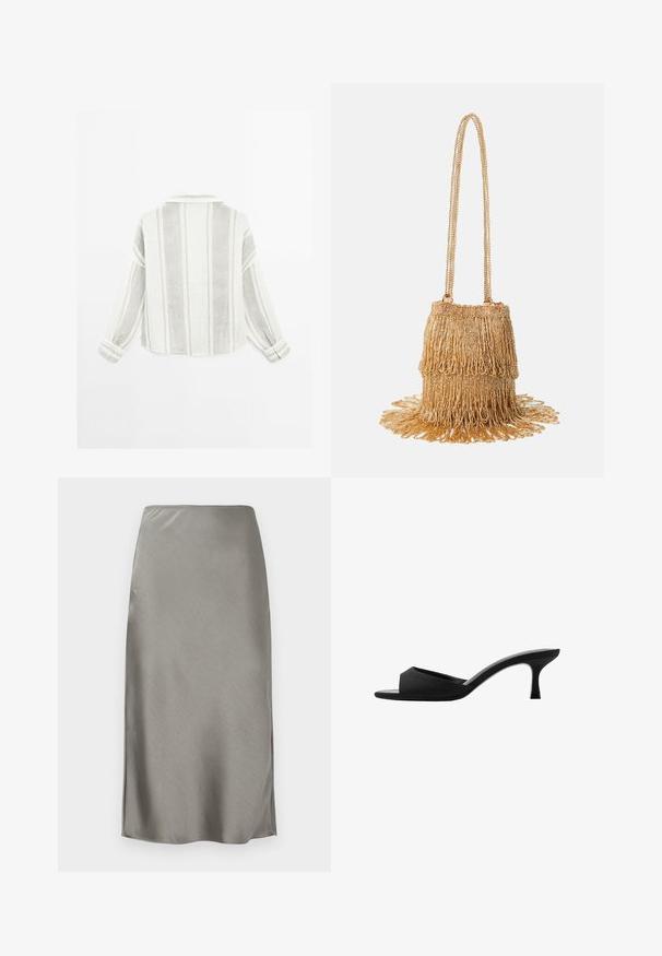 Langarmhemd in Hellgrau und Weiß, mit vertikalen Streifen, einem Kragen und geknöpften Manschetten. Hergestellt aus einem strukturierten, leichten Stoff.; Grauer Satin-Midirock mit glatter, geschmeidiger Textur. Kleine Seitenschlitze betonen die Bewegungsfreiheit. Minimalistisches Design, figurschmeichelnder Bund und gerade Silhouette.; Schwarze Absatzmules mit einer breiten, offenen Zehenpartie und einem geschwungenen Oberteil. Hergestellt aus strukturiertem Stoff, mit einem schlanken Absatz und einer glatten Sohle.; Goldene Perlenhandtasche mit einem fransigen Design; verfügt über einen Kettenriemen und geschichtete, strukturierte Verzierungen, die von der Basis ausgehen.