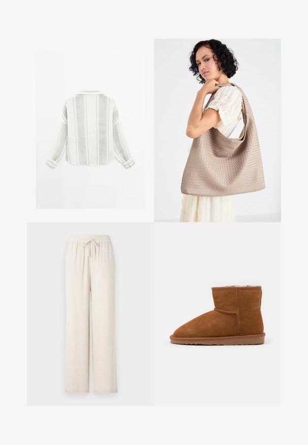 Langarmhemd in Hellgrau und Weiß, mit vertikalen Streifen, einem Kragen und geknöpften Manschetten. Hergestellt aus einem strukturierten, leichten Stoff.; Helle beige, weit geschnittene Hose aus einem weichen, strukturierten Material. Mit einem elastischen Bund und einem Kordelzug zur Anpassung.; Braunes Wildleder Stiefeletten mit runder Zehenpartie und weicher Innenausstattung, ausgestattet mit einer flachen Gummisohle und minimalen Nähdetails.; Beige Woven Tote Bag mit lässigem Design und einem einzelnen Schulterriemen. Verfügt über ein strukturiertes Muster auf der gesamten Oberfläche.
