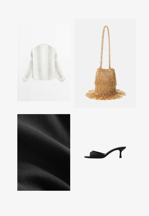 Langarmhemd in Hellgrau und Weiß, mit vertikalen Streifen, einem Kragen und geknöpften Manschetten. Hergestellt aus einem strukturierten, leichten Stoff.; Schwarzer Stoff mit einer glatten, matten Textur, der subtile Farb- und Faservariationen zeigt und drapiert ist, um weiche Kurven und Tiefe zu enthüllen.; Schwarze Absatzmules mit einer breiten, offenen Zehenpartie und einem geschwungenen Oberteil. Hergestellt aus strukturiertem Stoff, mit einem schlanken Absatz und einer glatten Sohle.; Goldene Perlenhandtasche mit einem fransigen Design; verfügt über einen Kettenriemen und geschichtete, strukturierte Verzierungen, die von der Basis ausgehen.