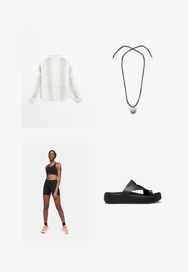 Long-sleeve shirt in light gray and white, featuring vertical stripes, a collar, and buttoned cuffs. Made from a textured, lightweight fabric.; Black sports bra and shorts made from stretchy material, featuring fitted design. Orange and white athletic shoes complement the outfit.; Black platform flip-flop with a textured rubber sole, featuring cross-strap design and a matte finish. Brand logo understated on the side.; Necklace with a brown cord and a silver oval pendant. The pendant has a smooth surface and a slight indentation in the center.