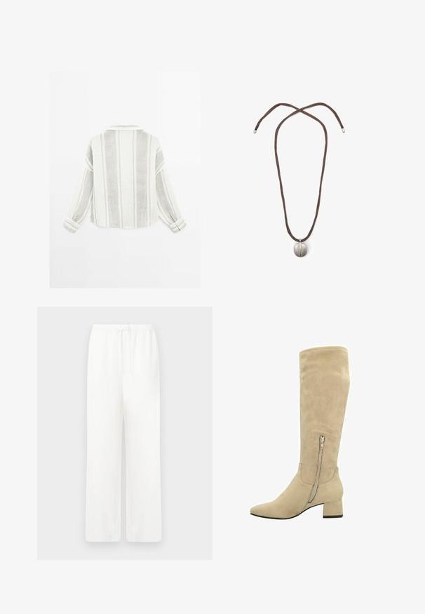 Long-sleeve shirt in light gray and white, featuring vertical stripes, a collar, and buttoned cuffs. Made from a textured, lightweight fabric.; White, wide-leg pants made of lightweight fabric with an elastic waistband and tie closure. Smooth texture, no visible patterns or hardware.; Beige suede knee-high boot with a pointed toe, block heel, and a side zipper detail for easy wear. Smooth texture and minimalist design.; Necklace with a brown cord and a silver oval pendant. The pendant has a smooth surface and a slight indentation in the center.