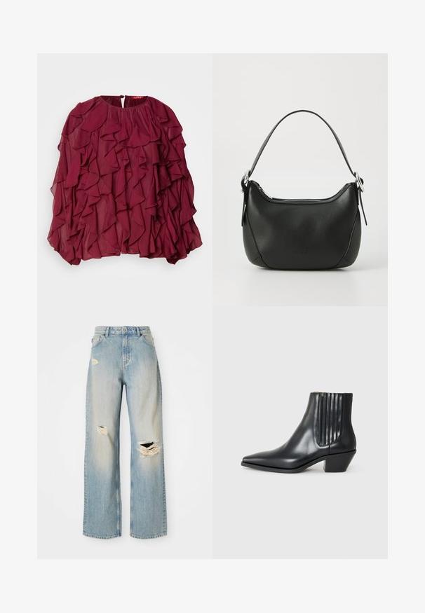 Blusa de chiffon burdeos con volantes en capas, escote redondo y cierre de botón en la parte posterior; textura fluida y corte holgado.; Vaqueros rectos de color azul claro con cintura alta, presillas para cinturón y desgastes en el muslo izquierdo, la rodilla derecha y la parte inferior de la pierna izquierda.; Bota de cuero negra de tobillo con punta afilada, paneles laterales elásticos con ranuras verticales y un tacón bajo y cuadrado. Textura suave y diseño elegante.; Bolso de mano de cuero negro con forma curvada, cremallera plateada y un asa corta. Presenta un logotipo sutil en la parte frontal y una textura suave.