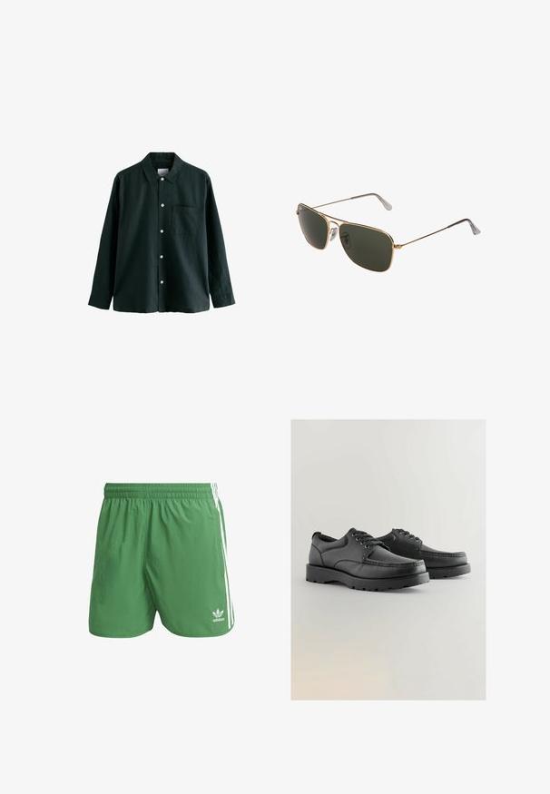 Tamsiai žalia marškinėliai su apykakle, ilgomis rankovėmis ir viena krūtinės kišene; turi baltus mygtukus ir švelnų tekstūrą.; Žali sportiniai šortai, pagaminti iš lengvo medžiagos, su baltais šonų juostelėmis ir "Adidas" logotipu kairiajame krašte. Elastinga juosmens juosta.; Juodos odinės bateliai su tekstūruota viršutine dalimi, apvaliu priekiu, raištelių dizainu ir storais guminiais padais su protektoriumi.; Aukso metalo pilotų saulės akiniai su dideliais tamsiai žaliais lęšiais, turintys ploną rėmelį ir skaidrius nosies pagalvėles patogumui.