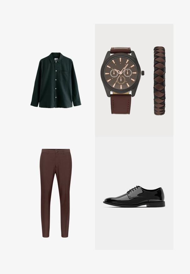 Tumši zaļš krekls ar apkakli, garām piedurknēm un vienu krūšu kabatu; ir baltas pogas un maiga tekstūra.; Brūni pielāgoti bikses ar plakanu priekšpusi, jostas cilpām un vienu pogu aizdari. Izgatavotas no gludas auduma ar taisnu kāju dizainu.; Melna laika kurpe no patentētās ādas ar noapaļotu purngalu, aukliņu dizainu un gludu, spīdīgu virsmu. Aprīkota ar zemu profilu gumijas zoli.; Pier One SET - Pulkstenis - black/brown