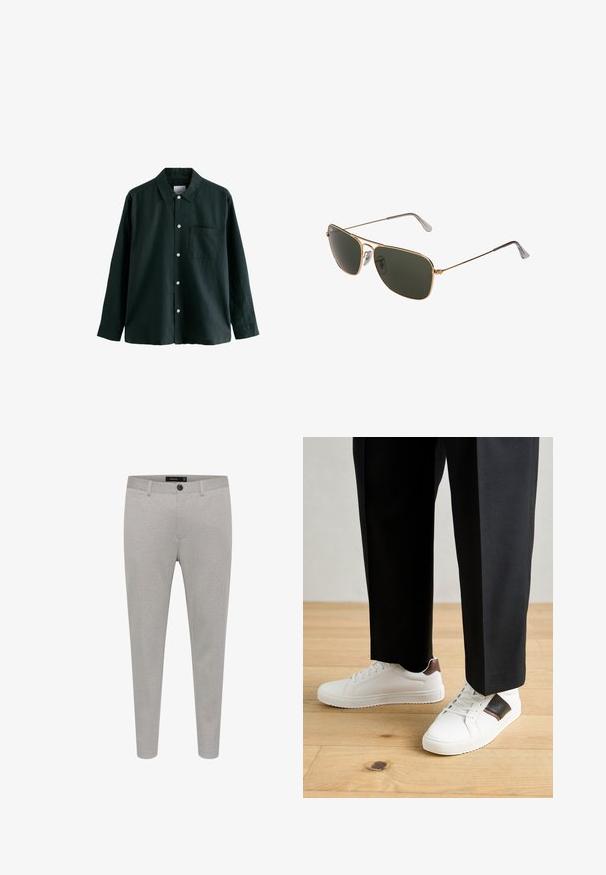Tmavozelená košeľa na gombíky s golierom, dlhými rukávmi a jednou náprsní kapsou; má biele gombíky a jemnú textúru.; Svetlo šedé nohavice na mieru vyrobené z textúrovanej tkaniny, s gombíkovým zapínaním, bočnými vreckami a úzkym strihom.; Biele tenisky s hladkým povrchom, s hnedými koženými akcentmi a čiernymi detailmi, spárované s čiernymi elegantnými nohavicami. Pozadím je drevená podlaha.; Zlaté kovové pilotné slnečné okuliare s veľkými tmavozelenými šošovkami, s tenkým rámom a priehľadnými nosovými podložkami pre pohodlie.