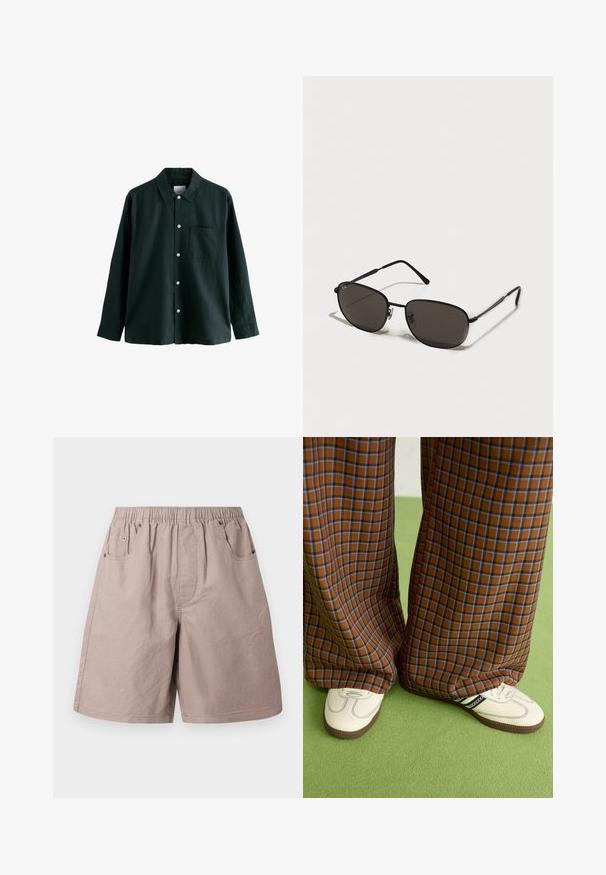 Cămașă butonată de culoare verde închis, cu guler, mâneci lungi și un singur buzunar pe piept; dispune de butoane albe și o textură moale.; Pantaloni scurți din bumbac bej, cu un tiv elastic, două buzunare laterale și detalii de cusătură subtile. Textură netedă, design de lungime până la genunchi.; Pantaloni largi cu carouri maro și albastru, asociați cu pantofi albi cu accente negre și tălpi texturate, împotriva unui fundal verde.; Ochelari de soare de metal negri cu rame ovale, lentile închise la culoare, brațe subțiri și un logo discret pe lentila stângă. Design elegant, minimal.
