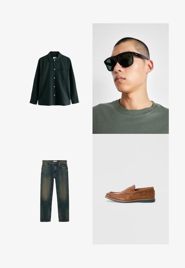 Tmavozelená košeľa na gombíky s golierom, dlhými rukávmi a jednou náprsní kapsou; má biele gombíky a jemnú textúru.; Mango Džínsy s rovným strihom - mint; Hnedé kožené poltopánky s okrúhlou špičkou, prešité akcenty a nízkou gumovou podrážkou. Dizajn obsahuje pásku cez hornú časť.; Čierne obdĺžnikové slnečné okuliare s tmavými sklami, s charakteristickým tvarom a značkou na ramene. Nosí ich osoba v zelenej košeli.