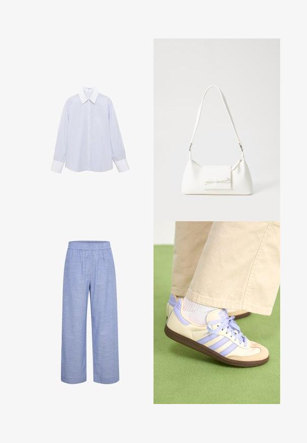 Lichtblauw gestreept overhemd met een witte kraag en manchetten, voorzien van een knoopsluiting aan de voorkant en een zakje op de linkerborst. Inclusief lange mouwen.; Lichtblauwe, gestreepte wijde broek met een elastische tailleband. Gemaakt van een ademende stof, met een soepele, zachte textuur en een casual snit.; Crème- en lavendel-sneakers met drie strepen en een gestructureerde bruine zool, voorzien van veters en een gewatteerde hiel. Zachte stoffen bovenkant.; Witte synthetische handtas met een driehoekige vorm, platte voorklep en strikdetail, verstelbare schouderriem, gladde textuur en minimalistisch ontwerp.