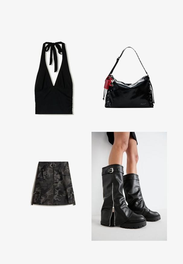 Top nero senza maniche con scollatura a V profonda, con spalline legate al collo e dettagli arricciati in vita, realizzato in un tessuto morbido.; Gonna camouflage di colore grigio scuro e nero, con cerniera frontale, cintura con fibbia argento e due tasche cargo con anelli.; Stivali alti neri in pelle con alti fianchi, dotati di cerniera laterale e accentuato con fibbia, finitura testurizzata e suola in gomma spessa.; Borsa a tracolla in pelle nera con un design morbido, dettagli in pizzo sui lati e un'etichetta rossa. Presenta una lunga tracolla regolabile.