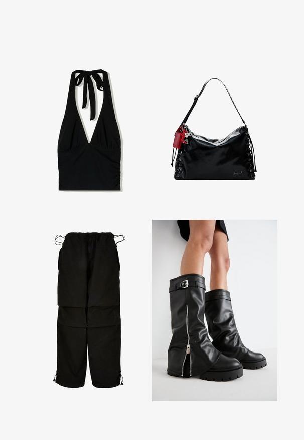 Black halter top with a deep V-neckline, tied straps at the neck, and gathered detailing at the waist, made from a smooth fabric.; Black pants made of lightweight fabric, featuring an adjustable waistband and drawstring hems. Designed with a loose, oversized fit and multiple pockets.; Black leather knee-high boots with a wide shaft, featuring a side zipper and buckle accent, textured finish, and chunky rubber sole.; Black leather handbag with a slouchy design, lace-up detailing on the sides, and a red accent tag. Features a long adjustable strap.