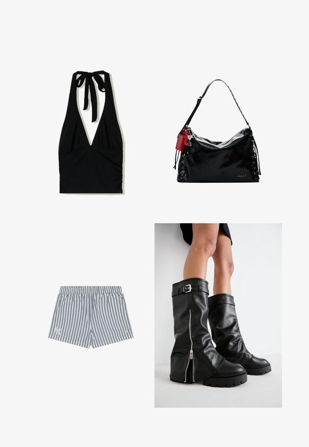 Crni halter top s dubokim V-izrezom, vezanom vrpcama oko vrata i nabranim detaljima u struku, izrađen od glatkog materijala.; Prugaste kratke hlače od svijetloplavog i bijelog materijala, sa rastezljivim pojasom i bočnim džepovima. Suptilna oznaka na lijevoj nozi.; Crne kožne čizme do koljena s širokim okovratnikom, s bočnim zatvaračem i detaljem od kopče, teksturiranom završnom obradom i debelim gumenenim potplatom.; Crna kožna torba s opuštenim dizajnom, vezanjem s bočnih strana i crvenim akcentom. Ima dugačak podesivi remen.