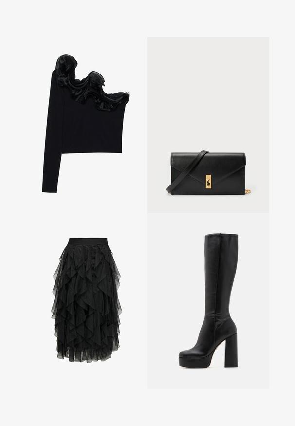 Top negru cu un umăr, având un overlay transparent și ondulat pe guler, confecționat dintr-un material ușor, cu o textură netedă.; Fustă midi neagră, confecționată din tul stratificat, cu un design volanat. Dispune de o talie elastică. Materialul transparent adaugă textură și mișcare.; Botine negre, până la genunchi, din piele netedă cu finisaj texturat, având un toc înalt și pătrat și un vârf rotunjit.; Portofel din piele neagră, cu clapetă pliabilă, accesorii din aur, având un accent cu logo. Include o curea detașabilă pentru purtare.