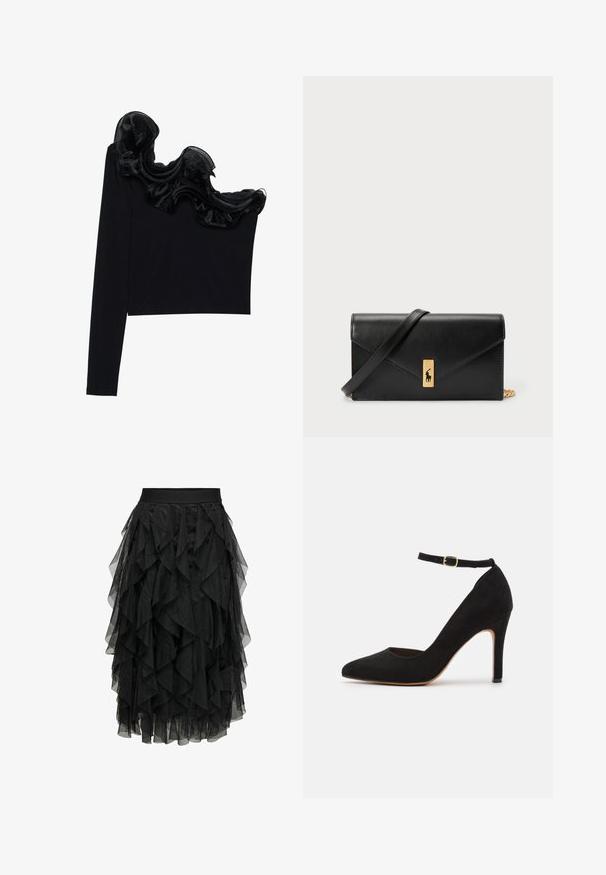 Top nero a spalla singola con sovrapposizione trasparente arricciata lungo il collo, realizzato in tessuto leggero con una texture morbida.; Gonna midi nera realizzata in tulle a strati con un design arricciato. Presenta una vita elastica. Il tessuto trasparente aggiunge texture e movimento.; Scarpa con tacco alto nera in suede, con punta affilata e cinturino alla caviglia. Presenta una fibbia dorata e un tacco sottile e affusolato.; Portafoglio in pelle nera con pattina a pieghe, accessori dorati, con un logo decorativo. Include una tracolla staccabile per il trasporto.