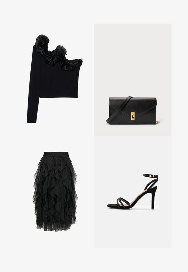 Zwarte tops met één schouder, voorzien van een ruffled doorzichtige overlay langs de halslijn, gemaakt van lichtgewicht stof met een gladde textuur.; Zwarte midi-jurk gemaakt van gelaagd tule met een ruchesontwerp. Heeft een elastische tailleband. Transparante stof voegt textuur en beweging toe.; Anna Field Sandalen - black; Zwarte leren portemonnee met een opklapbare flap, gouden hardware en een logo-accent. Inclusief een afneembare strap voor het dragen.