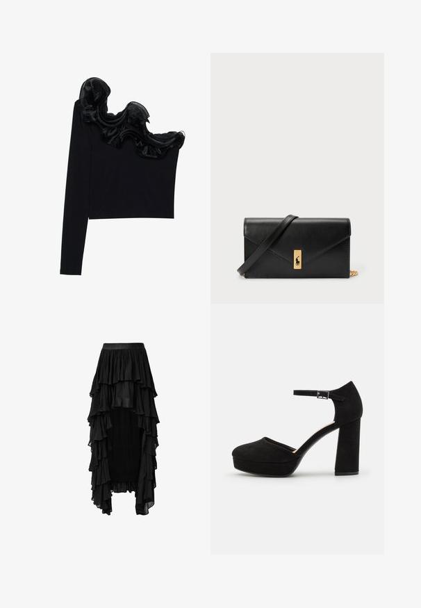 Musta yksi olkapäätoppi, jossa on röyhelöinen läpikuultava päällyste kaula-aukossa, valmistettu kevyestä materiaalista, jossa on sileä rakenne.; Mustat kerrokselliset maksihameet, joissa on röyhelömuotoilu, valmistettu kevyestä kankaasta, leveällä vyötärönauhalla ja epäsymmetrisellä helman muodolla.; Mustat mokkanahkaiset korkokengät, joissa on paksu tukikorko, pyöreä kärki ja nilkkavöri, joka on kiinnitetty metallisella soljella. Pintakuvio on sileä.; Mustavärinen nahkalompakko, jossa on käännettävä läppä, kultaiset yksityiskohdat ja logoakseli. Mukana irrotettava olkahihna kuljetusta varten.