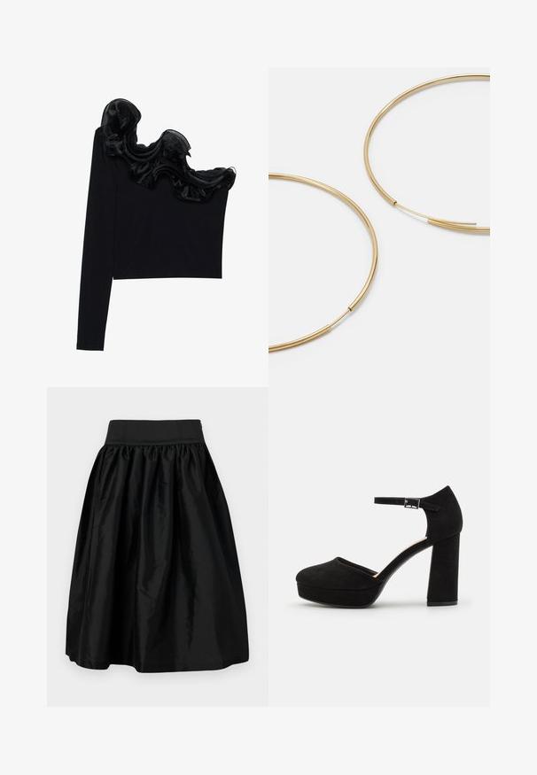 Juodas vieno peties marškinėlis su raukšlėtu permatomu apdaila aplink kaklą, pagamintas iš lengvos medžiagos su glotnia tekstūra.; Juoda iki kelių sijonas pagamintas iš lygaus, blizgaus audinio, su rauktuku liemenyje ir platėjančia siluetu. Be papuošimų ar raštų.; Juodi zomšiniai platforminiai kulniukai su storu bloku kulnu, apvalia nosimi ir čiurnos dirželiu, kuris pritvirtintas metaliniu užsegimu. Visoje apavo tekstūra lygi.; Aukso spalvos žiedo auskarai, ploni ir apvalūs, su lygiu metaliniu paviršiumi be papuošimų ar raštų.; Juodas odinis piniginė su užlenkiama sklende, auksinėmis detalėmis, su logotipo akcentu. Įeina nuimamas diržas nešiojimui.