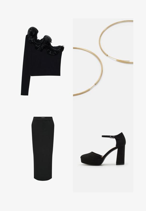 Top nero a spalla singola con sovrapposizione trasparente arricciata lungo il collo, realizzato in tessuto leggero con una texture morbida.; Gonna a tubino nera a vita alta. Realizzata in tessuto liscio, presenta una silhouette dritta e tasche laterali per un look elegante.; Scarpe con tacco a piattaforma nere in suede, dotate di un spesso tacco a blocco, punta arrotondata e cinturino alla caviglia fissato da una fibbia in metallo. Texture liscia su tutta la superficie.; Orecchini a cerchio color oro, sottili e rotondi, con una finitura metallica liscia e senza decorazioni o motivi.; Portafoglio in pelle nera con pattina a pieghe, accessori dorati, con un logo decorativo. Include una tracolla staccabile per il trasporto.