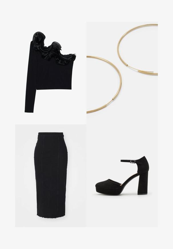 Črn top z enojnim ramenom, ki ima ruffle prosojno prevleko ob izrezu, narejen iz lahkega materiala z gladko teksturo.; Črna denimska svinčnik krila z visokim pasom, z vidnimi šivi, ravnim krojem in raztrganim robom.; Črne semiš platform škornje z debelim blokastim peto, zaobljenim nosom in gležnjico, ki jo drži kovinska zaponka. Gladka tekstura po celotni površini.; Zlate obroče ušesne uhane, tanke in krožne oblike, z gladko kovinsko površino brez okrasnih elementov ali vzorcev.