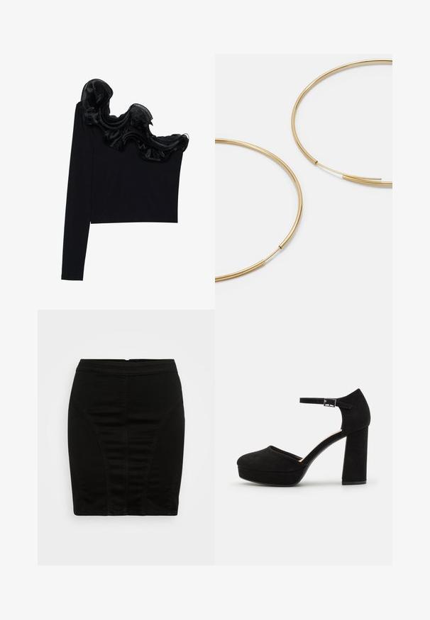Črn top z enojnim ramenom, ki ima ruffle prosojno prevleko ob izrezu, narejen iz lahkega materiala z gladko teksturo.; Črn denim svinčnik krilo s prilegajočim se dizajnom, ki ima navpične šive in srednje visok pas za poenostavljeno silhueto.; Črne semiš platform škornje z debelim blokastim peto, zaobljenim nosom in gležnjico, ki jo drži kovinska zaponka. Gladka tekstura po celotni površini.; Zlate obroče ušesne uhane, tanke in krožne oblike, z gladko kovinsko površino brez okrasnih elementov ali vzorcev.; Črna usnjena denarnica s prepognjenim pokrovom, zlato okovje, ki vključuje poudarek z logotipom. Vključuje odstranjljivo naramnico za nošenje.