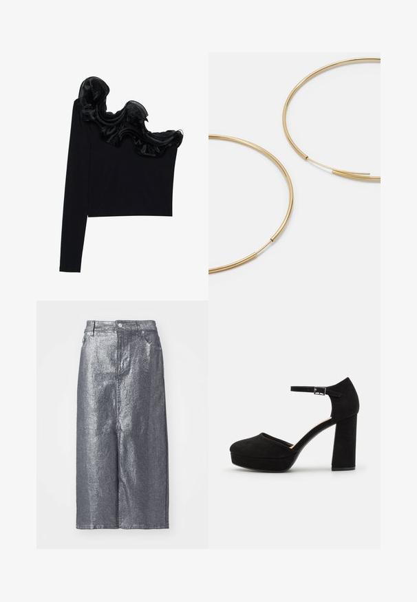 Black one-shoulder top featuring a ruffled sheer overlay along the neckline, made from lightweight fabric with a smooth texture.; Silver metallic denim skirt, knee-length, with a structured shape, front button closure, and belt loops. Smooth texture with minimalistic design.; Black suede platform heels with a thick block heel, rounded toe, and ankle strap secured by a metal buckle. Smooth texture throughout.; Gold-colored hoop earrings, thin and round in shape, with a smooth metallic finish and no embellishments or patterns.