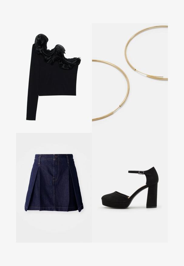 Juodas vieno peties marškinėlis su raukšlėtu permatomu apdaila aplink kaklą, pagamintas iš lengvos medžiagos su glotnia tekstūra.; Tamsiai mėlyna džinsinė sijonas su klostėmis, mygtuko uždarymu ir kontrastingomis siūlėmis. Paprastas dizainas su platėjimo forma ir vidutinio ilgio kirpimu.; Juodi zomšiniai platforminiai kulniukai su storu bloku kulnu, apvalia nosimi ir čiurnos dirželiu, kuris pritvirtintas metaliniu užsegimu. Visoje apavo tekstūra lygi.; Aukso spalvos žiedo auskarai, ploni ir apvalūs, su lygiu metaliniu paviršiumi be papuošimų ar raštų.; Juodas odinis piniginė su užlenkiama sklende, auksinėmis detalėmis, su logotipo akcentu. Įeina nuimamas diržas nešiojimui.