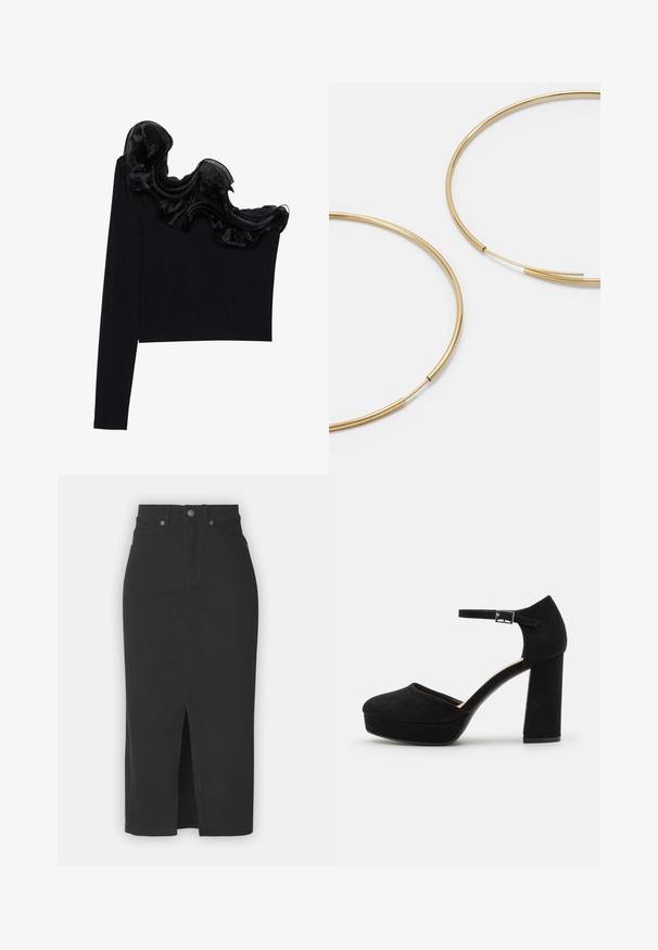Čierny top na jedno rameno s volánkovým priesvitným prešívaním pozdĺž dekoltu, vyrobený z ľahkej tkaniny s hladkou textúrou.; Čierna midi sukňa z denimu s predným rozparkom, dizajnom s piatimi vreckami a kovovou gombíkovou páskou. Hladká textura s priliehavým strihom.; Čierne semišové platformové opätky s hrubým blokovým opätkom, zaoblenou špičkou a remienkom okolo členka zabezpečeným kovovou prackou. Hladký povrch po celom obvode.; Zlaté kruhové náušnice, tenké a okrúhleho tvaru, s hladkým kovovým povrchom a bez ozdôb alebo vzorov.