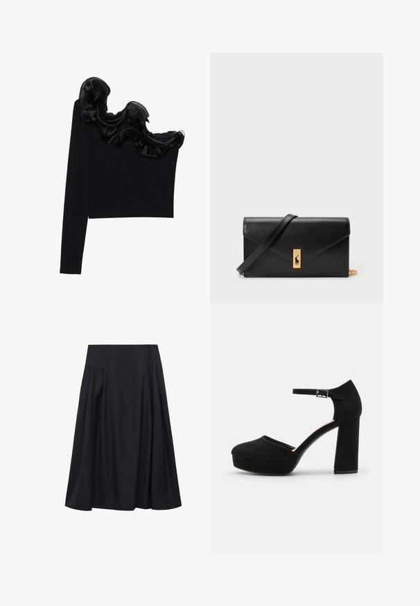 Zwarte tops met één schouder, voorzien van een ruffled doorzichtige overlay langs de halslijn, gemaakt van lichtgewicht stof met een gladde textuur.; Mango THAI - A-lijn rok - blue; Zwarte suède plateauhakken met een dikke blokhak, ronde neus en enkelbandje dat is beveiligd met een metalen gesp. Zachte textuur overal.; Zwarte leren portemonnee met een opklapbare flap, gouden hardware en een logo-accent. Inclusief een afneembare strap voor het dragen.