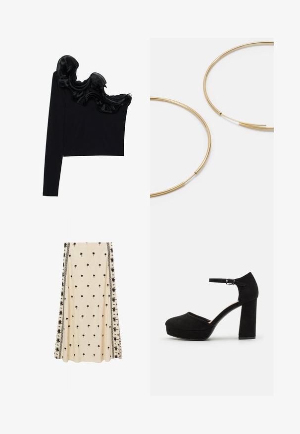 Top noir à une épaule avec un overlay transparent froncé le long de l'encolure, fabriqué à partir d'un tissu léger à la texture lisse.; Jupe de couleur crème avec un imprimé de petits palmiers noirs, présentant des motifs de bordure noirs détaillés sur les côtés, fabriquée en tissu léger.; Talons compensés en suède noir avec un gros talon carré, bout rond et bride de cheville fixée par une boucle en métal. Texture lisse sur l'ensemble.; Boucles d'oreilles en forme de créole dorées, fines et rondes, avec une finition métallique lisse et sans embellissements ni motifs.; Portefeuille en cuir noir avec un rabat, matériel en or, mettant en avant un accent de logo. Inclut une sangle détachable pour le transport.