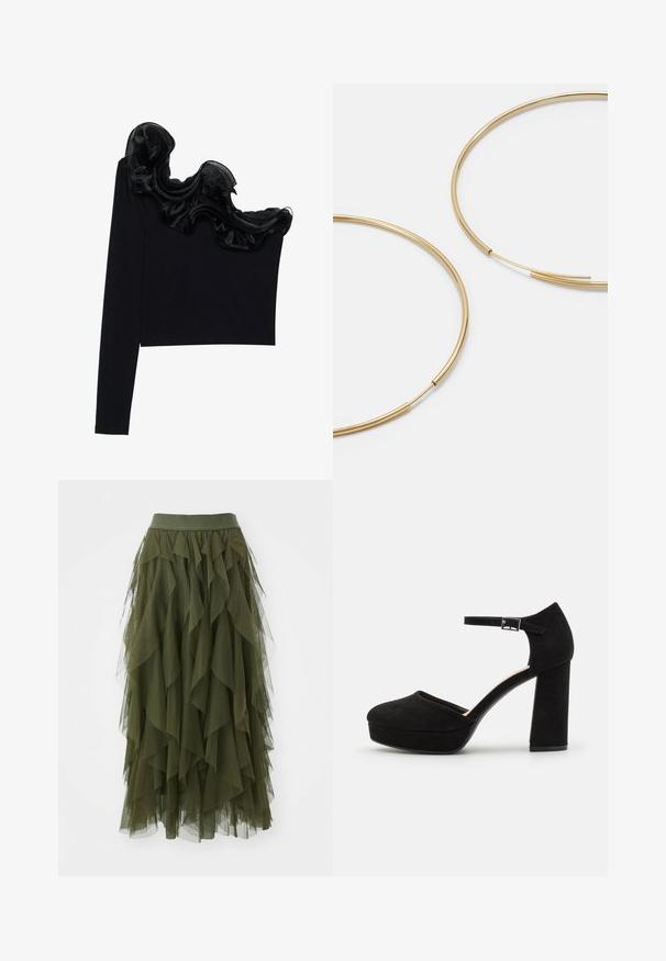 Černý top na jedno rameno s volánkovým průhledným přehozem v oblasti výstřihu, vyrobený z lehkého materiálu s hladkou texturou.; ONLY ONLSKY SKIRT - Áčková sukně - winter moss; Černé zamšové platformové podpatky s širokým blokovým podpatkem, zaoblenou špičkou a kotníkovým páskem, který je zajištěn kovovou sponou. Hladký povrch po celém obvodu.; Zlaté kruhové náušnice, tenké a kulaté, s hladkým kovovým povrchem a bez zdobení či vzorů.; Černá kožená peněženka s překlopným víkem, zlatými prvky a logem. Obsahuje odnímatelný popruh pro nošení.