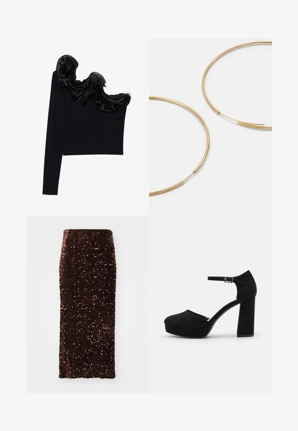 Juodas vieno peties marškinėlis su raukšlėtu permatomu apdaila aplink kaklą, pagamintas iš lengvos medžiagos su glotnia tekstūra.; Ruda blizgučių maksi sijonas su prigludusia forma, turintis glotnų paviršių ir elastingą liemenį, puošus visą sijoną apdailintais atspindinčiais blizgučiais.; Juodi zomšiniai platforminiai kulniukai su storu bloku kulnu, apvalia nosimi ir čiurnos dirželiu, kuris pritvirtintas metaliniu užsegimu. Visoje apavo tekstūra lygi.; Aukso spalvos žiedo auskarai, ploni ir apvalūs, su lygiu metaliniu paviršiumi be papuošimų ar raštų.; Juodas odinis piniginė su užlenkiama sklende, auksinėmis detalėmis, su logotipo akcentu. Įeina nuimamas diržas nešiojimui.