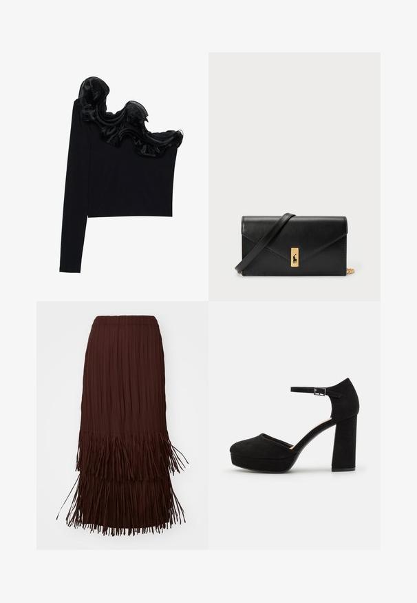 Juodas vieno peties marškinėlis su raukšlėtu permatomu apdaila aplink kaklą, pagamintas iš lengvos medžiagos su glotnia tekstūra.; Ruda klostuota midi sijonas su sluoksniuota frizė detale apatinėje dalyje, su elastinga juosmens juosta ir plazdančia tekstūra.; Juodi zomšiniai platforminiai kulniukai su storu bloku kulnu, apvalia nosimi ir čiurnos dirželiu, kuris pritvirtintas metaliniu užsegimu. Visoje apavo tekstūra lygi.; Juodas odinis piniginė su užlenkiama sklende, auksinėmis detalėmis, su logotipo akcentu. Įeina nuimamas diržas nešiojimui.