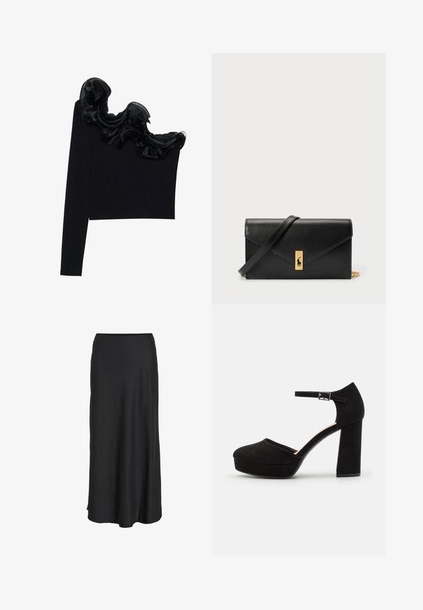 Juodas vieno peties marškinėlis su raukšlėtu permatomu apdaila aplink kaklą, pagamintas iš lengvos medžiagos su glotnia tekstūra.; Juoda maksi sijonas, pagamintas iš glotnios, lengvos medžiagos. Turi paprastą, A formos siluetą su šiek tiek praplėstu apačios kraštu ir be matomų užsegimų.; Juodi zomšiniai platforminiai kulniukai su storu bloku kulnu, apvalia nosimi ir čiurnos dirželiu, kuris pritvirtintas metaliniu užsegimu. Visoje apavo tekstūra lygi.; Juodas odinis piniginė su užlenkiama sklende, auksinėmis detalėmis, su logotipo akcentu. Įeina nuimamas diržas nešiojimui.