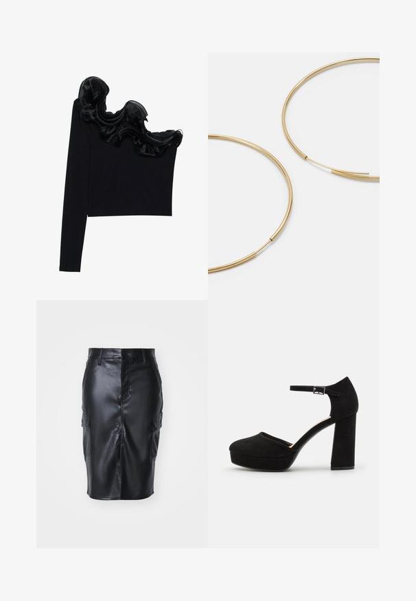 Crna bluzica s jednim ramenom koja se ističe prozračnim volanima uz dekolte, izrađena od lagane tkanine s glatkom teksturom.; Crna umjetna kožna suknja olovka srednje dužine, s prednjim kopčanjem na gumbe i dva bočna džepa. Glatka tekstura.; Crne suede platform cipele s debljim blok petom, zaobljenim vrhom i trakama za gležnjeve učvršćenim metalnom kopčom. Cijela površina je glatka.; Zlatne kružne naušnice, tanke i okrugle, s glatkom metalnom površinom bez ukrasa ili uzoraka.