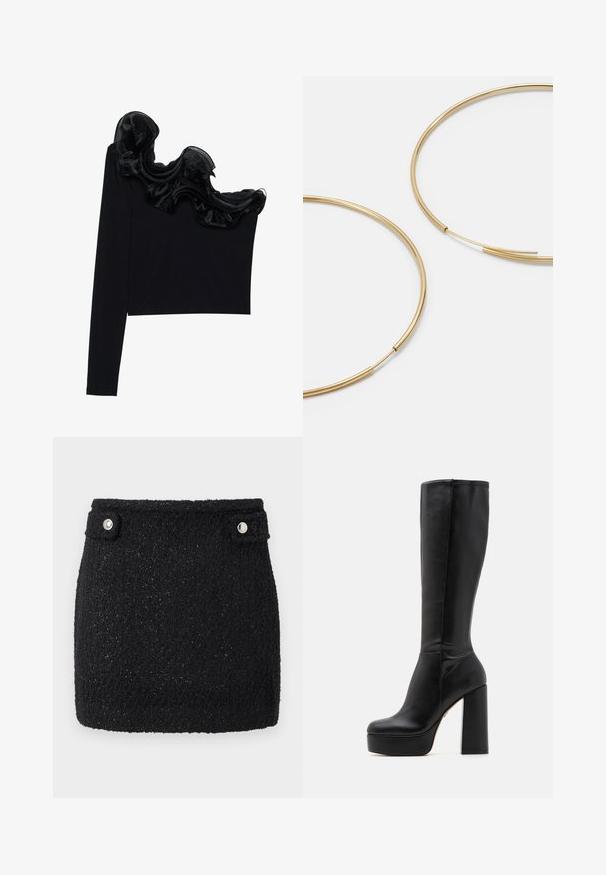 Musta yksi olkapäätoppi, jossa on röyhelöinen läpikuultava päällyste kaula-aukossa, valmistettu kevyestä materiaalista, jossa on sileä rakenne.; Mustat mini-hameet, jotka on valmistettu tekstuuriltaan kiiltävästä kankaasta. Hameessa on kaksi hopeista nepparia vyötärön alueella kiinnitystä varten.; Mustat polvipituiset saappaat, jotka on valmistettu sileästä nahasta ja joissa on tekstuuri, korkea paksu korko ja pyöreä kärjen muoto.; Kultaiset rengaskorvakorut, ohuet ja pyöreät, joissa on sileä metallipinta ilman koristeluja tai kuvioita.; Mustavärinen nahkalompakko, jossa on käännettävä läppä, kultaiset yksityiskohdat ja logoakseli. Mukana irrotettava olkahihna kuljetusta varten.