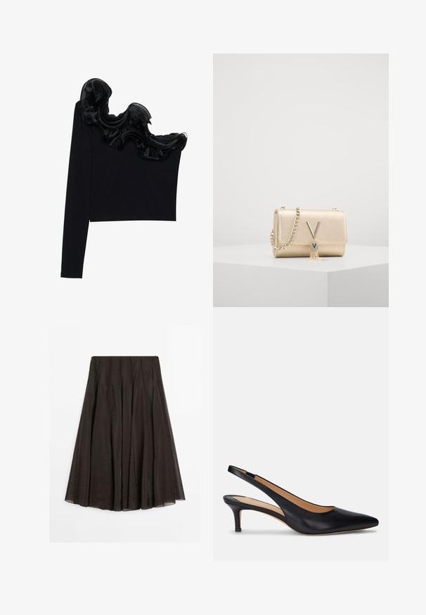 Sort en-skulder top med et rynket, gennemsigtigt overlay langs halsudskæringen, lavet af letvægtsstof med en glat tekstur.; Mørkebrun A-line midi nederdel med lodrette søm detaljer, letvægtsstof og lynlås lukning i ryggen.; Sorte læder slingback pumpe med spids tå, lav kitten hæl og glat tekstur. Har et åbent bagdesign og minimale syningsdetaljer.; Guldmetalisk håndtaske med en tekstureret overflade, der har en kædestrop og en V-formet lås med en franje detalje. Kompakt rektangulær form.
