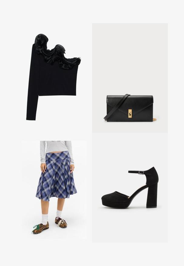 Sorth svart topp med én skulder som har en bølgete, gjennomsiktig overdel langs utringningen, laget av lett stoff med en glatt tekstur.; Blå rutete midiskjørt med folder, laget av mykt stoff. Kombinert med brune sko med fargerike snøringer og hvite sokker.; Sorte semskede plattformhæler med en tykk blokkheel, avrundet tå og ankelreim som er festet med en metallspenne. Jevn tekstur gjennom hele.; Svart lærwallet med et foldbart klaff, gullhardware, med en logo aksent. Inkluderer en avtakbar stropp for bæring.