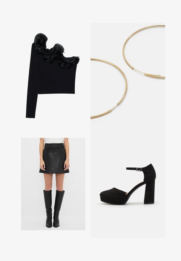 Musta yksi olkapäätoppi, jossa on röyhelöinen läpikuultava päällyste kaula-aukossa, valmistettu kevyestä materiaalista, jossa on sileä rakenne.; Mustat tekstuurilla varustetut hameet, joissa on levenevä muoto ja vyötärönauha, yhdistettynä polven ylle ylettyviin mustiin nahkasaappaisiin. Asusteella on yksinkertainen, moderni ilme.; Mustat mokkanahkaiset korkokengät, joissa on paksu tukikorko, pyöreä kärki ja nilkkavöri, joka on kiinnitetty metallisella soljella. Pintakuvio on sileä.; Kultaiset rengaskorvakorut, ohuet ja pyöreät, joissa on sileä metallipinta ilman koristeluja tai kuvioita.; Mustavärinen nahkalompakko, jossa on käännettävä läppä, kultaiset yksityiskohdat ja logoakseli. Mukana irrotettava olkahihna kuljetusta varten.