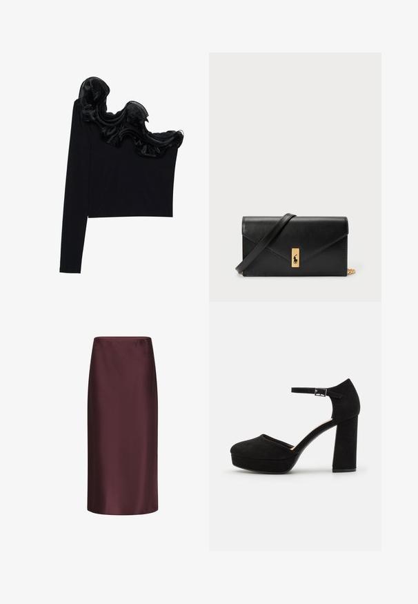 Black one-shoulder top featuring a ruffled sheer overlay along the neckline, made from lightweight fabric with a smooth texture.; Burgundy satin pencil skirt with a smooth texture, mid-length design, and a fitted silhouette, featuring a subtle sheen.; Black suede platform heels with a thick block heel, rounded toe, and ankle strap secured by a metal buckle. Smooth texture throughout.; Black leather wallet with a fold-over flap, gold hardware, featuring a logo accent. Includes a detachable strap for carrying.