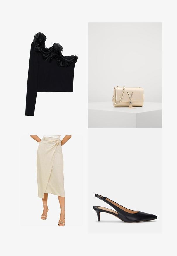 Fekete, egy vállat szabadon hagyó felső, fodros, áttetsző overlay résszel a nyakvonal mentén, könnyű anyagból készült, sima tapintással.; Bézs színű, texturált vászonból készült átkötős szoknya, amely egyedi arany tónusú csattal díszített, és térd alatti aszimmetrikus szegéllyel rendelkezik.; Fekete bőr csatolt pumpa hegyes orral, alacsony, kis sarokkal és sima textúrával. Jellemzője a nyitott hátsó rész és a minimális varrási részletek.; Arany fémes kézitáska texturált felülettel, lánchordóval és egy V-alakú zárral, amelyhez bojt részlet tartozik. Kompakt, téglalap alakú.