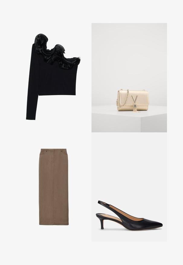 Sort en-skulder top med et rynket, gennemsigtigt overlay langs halsudskæringen, lavet af letvægtsstof med en glat tekstur.; Mango Maxinederdele - light brown; Sorte læder slingback pumpe med spids tå, lav kitten hæl og glat tekstur. Har et åbent bagdesign og minimale syningsdetaljer.; Guldmetalisk håndtaske med en tekstureret overflade, der har en kædestrop og en V-formet lås med en franje detalje. Kompakt rektangulær form.