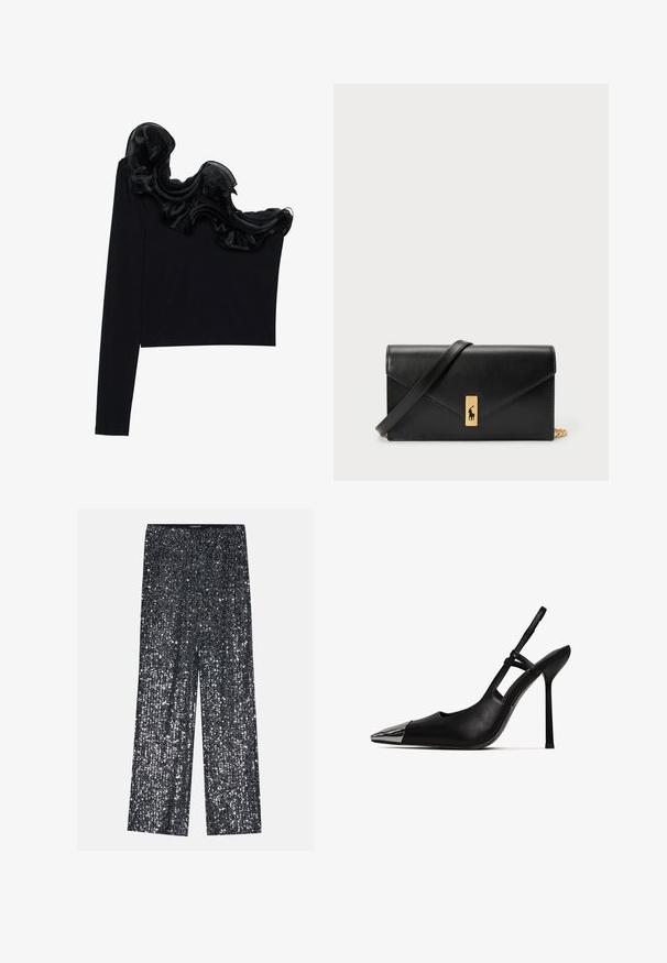 Czarna bluzka na jedno ramię z falbaną z przezroczystego materiału wzdłuż dekoltu, wykonana z lekkiego materiału o gładkiej fakturze.; Czarne palazzo z cekinami z szerokimi nogawkami i elastycznym pasem, charakteryzujące się błyszczącą, teksturowaną powierzchnią, która odbija światło.; Czarne szpilki slingback z szpiczastym noskiem i błyszczącą metaliczną czubkiem. Oferują wysoką szpilkę i smukły pasek w kostce. Gładka skórzana tekstura.; Czarny skórzany portfel z klapą, złotą okuciami, z akcentem logo. Zawiera odpinany pasek do noszenia.